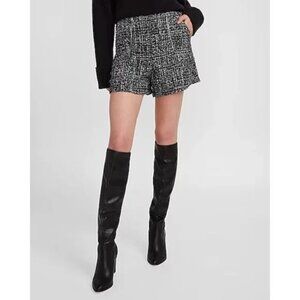 NEW Express Super High Waisted Double Zipper Metallic Tweed Shorts Black 4